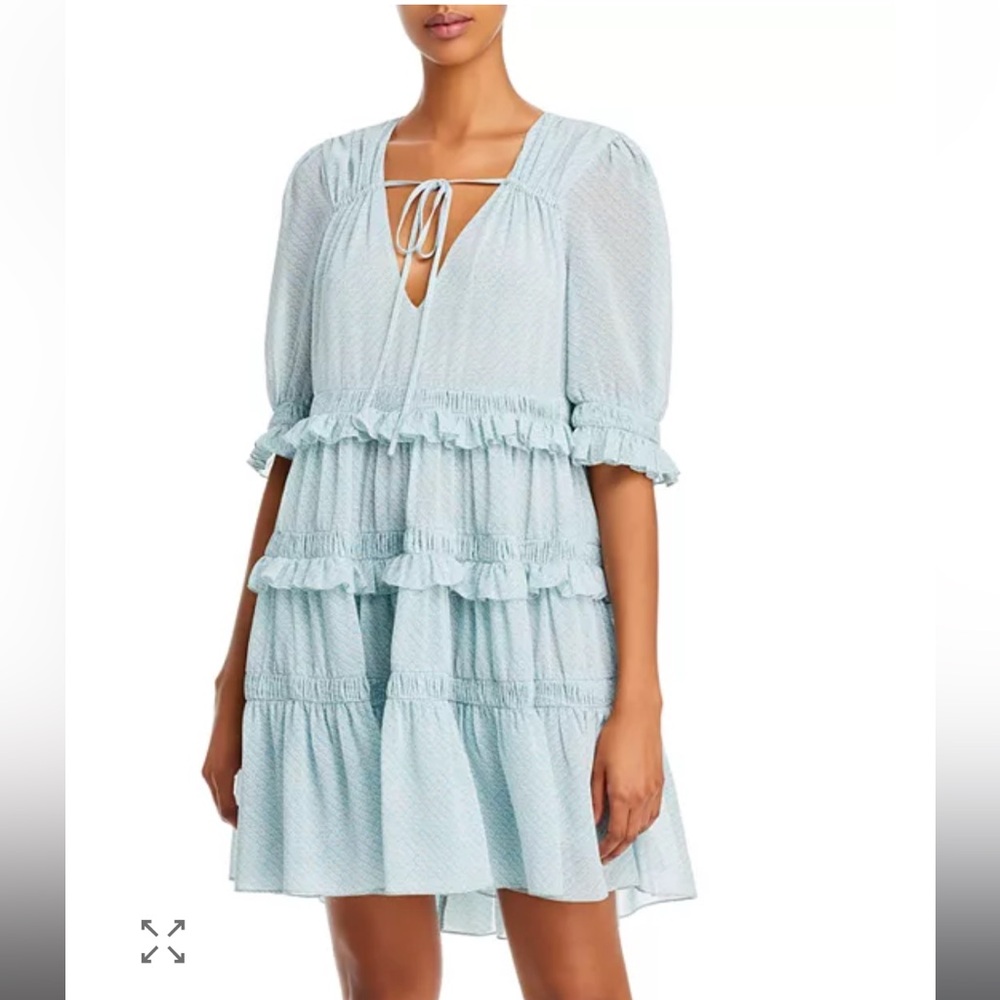 CINQ A SEPT SIZE 4 Cryssa Tiered Mini Dress BLUE v-neck ruffle‎